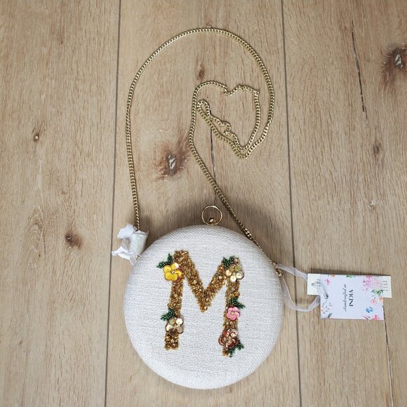 Viral Handcrafted In India Beaded Bag Monogrammed "M" Beige Round Clutch Chain - Picture 5 of 16